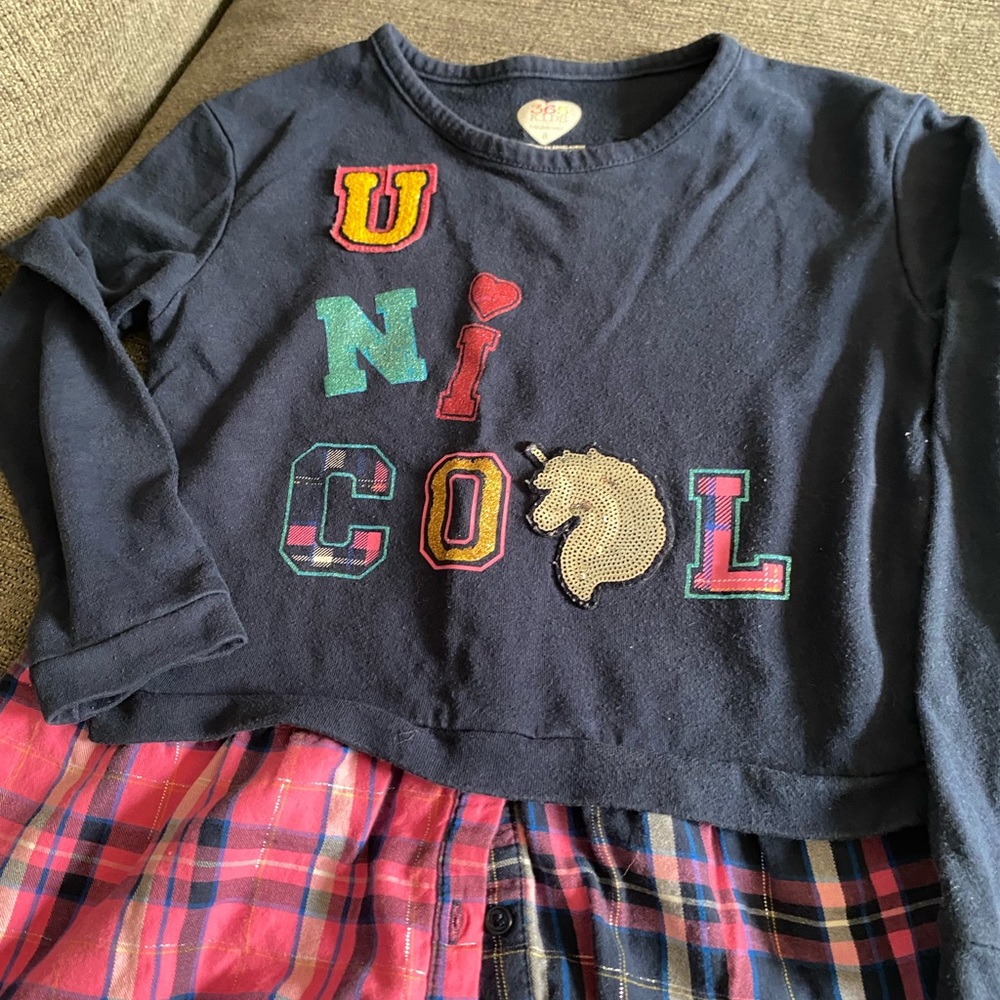 Navy Unicorn Cool Long Sleeve Top with Plaid Skirt